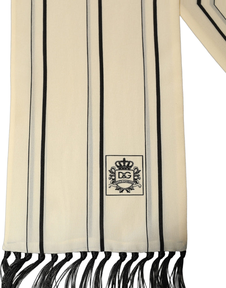 Dolce &amp; Gabbana Beige Silk Striped Fringed Neck Shawl Scarf