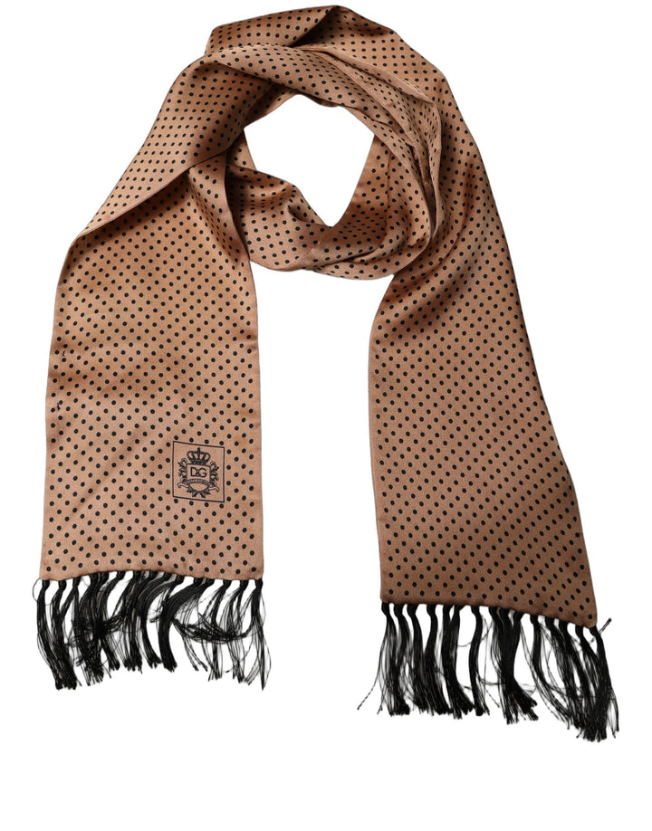 Dolce &amp; Gabbana Brown Silk Dotted Fringed Neck Shawl Scarf