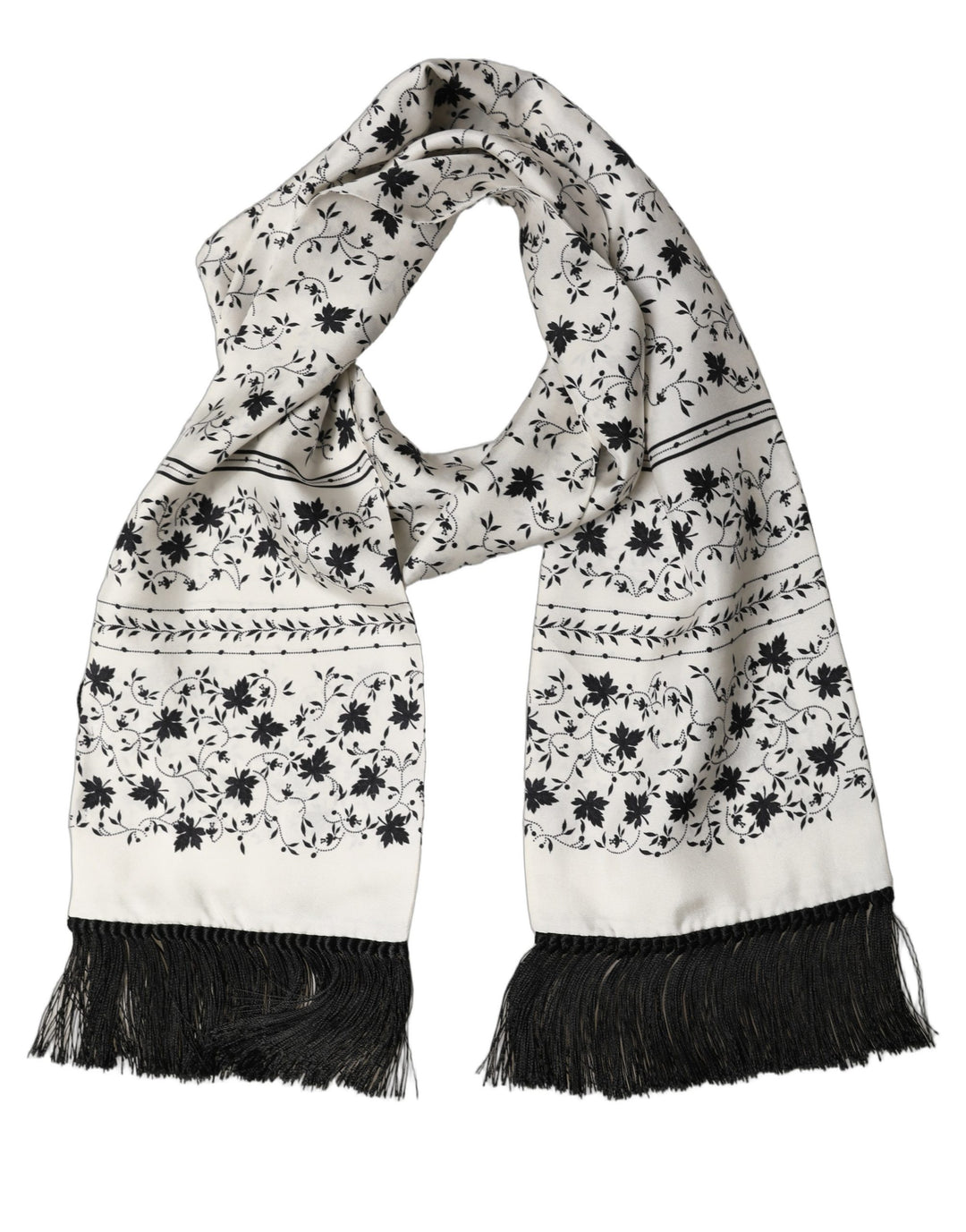Dolce &amp; Gabbana White Floral Silk Fringed Neck Shawl Scarf