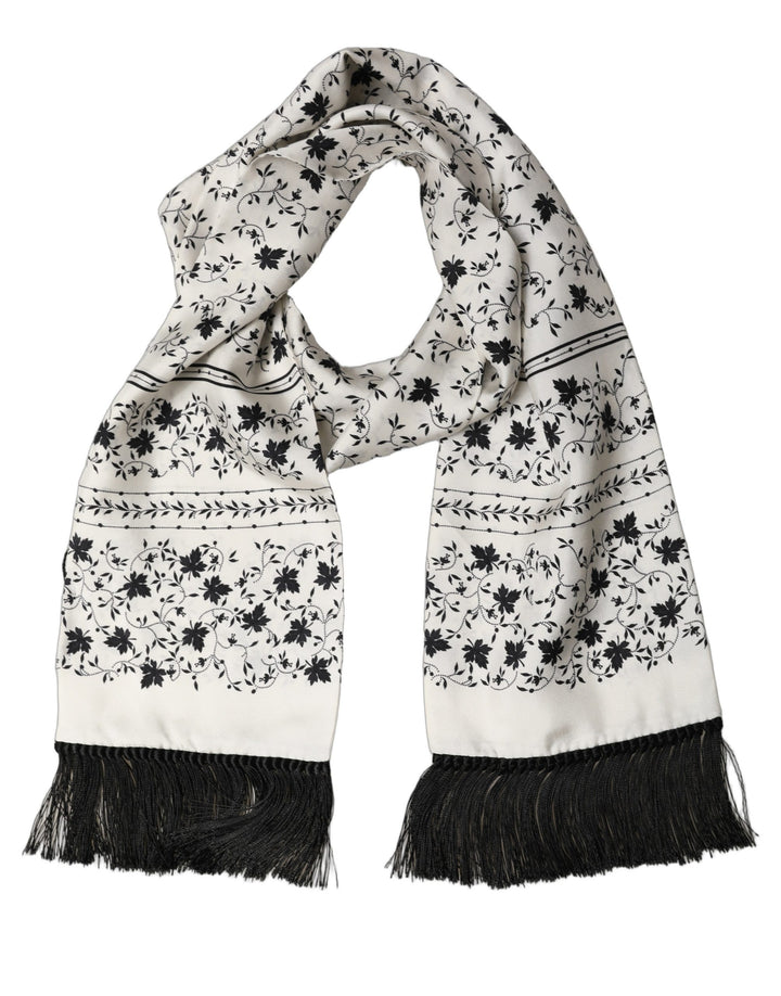 Dolce &amp; Gabbana White Floral Silk Fringed Neck Shawl Scarf