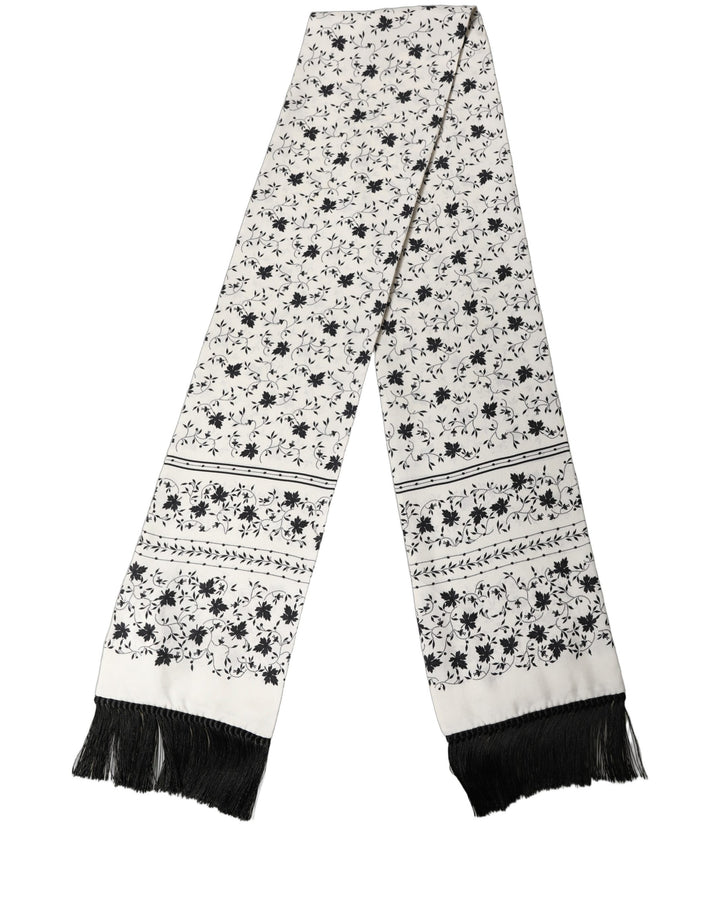 Dolce &amp; Gabbana White Floral Silk Fringed Neck Shawl Scarf