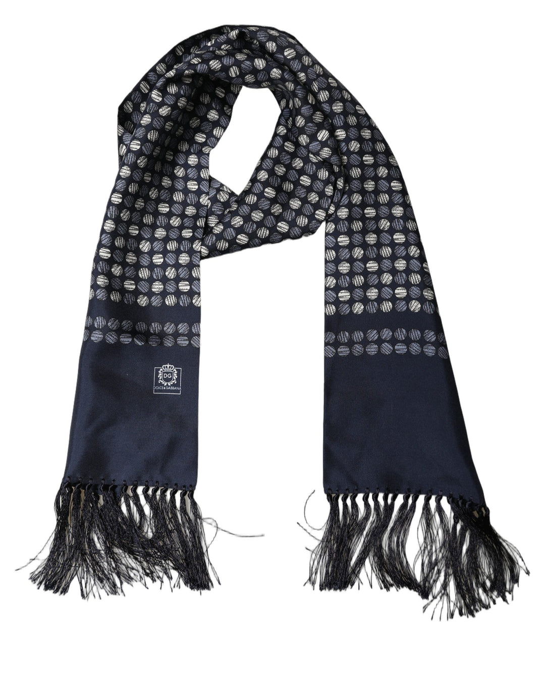 Dolce &amp; Gabbana Men Navy Blue Geometric Dot Silk Fringed Neck Shawl Scarf