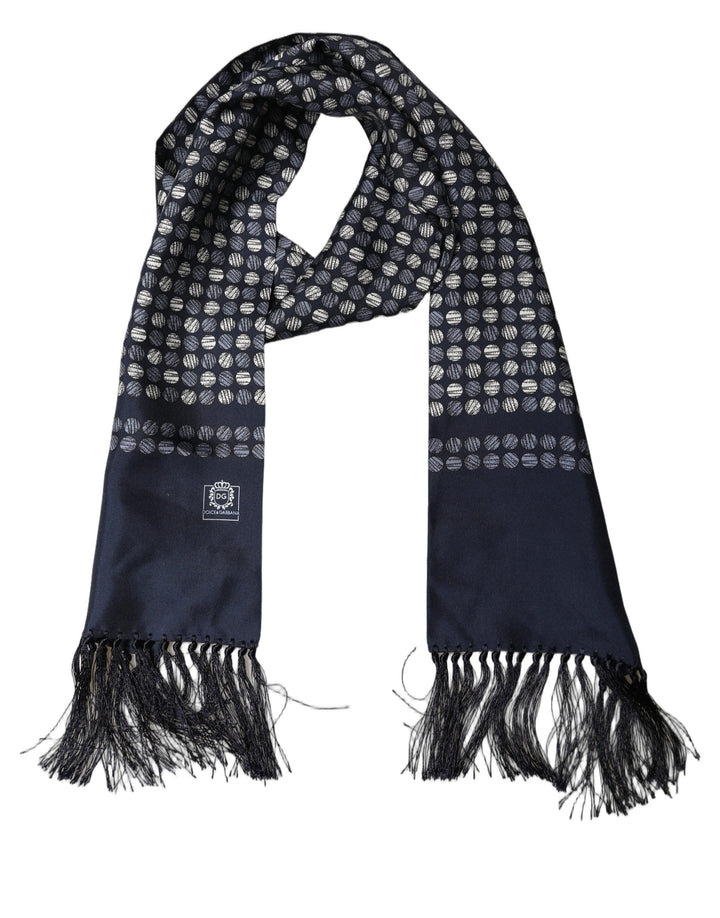 Dolce &amp; Gabbana Men Navy Blue Geometric Dot Silk Fringed Neck Shawl Scarf