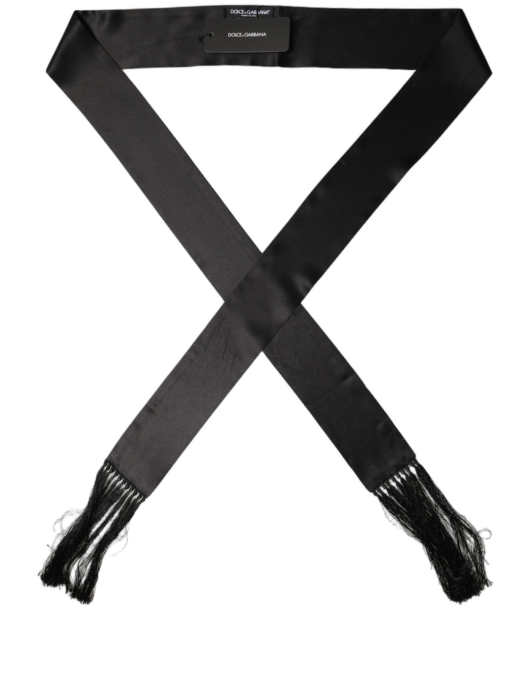 Dolce &amp; Gabbana Men Black Satin Silk Fringed Neck Shawl Scarf