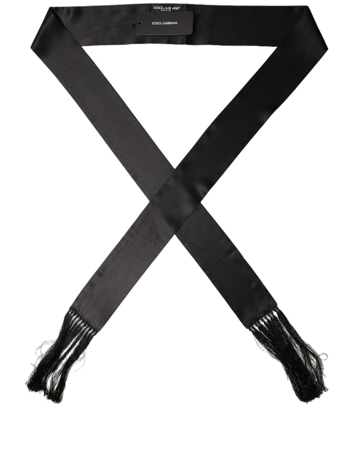 Dolce &amp; Gabbana Men Black Satin Silk Fringed Neck Shawl Scarf