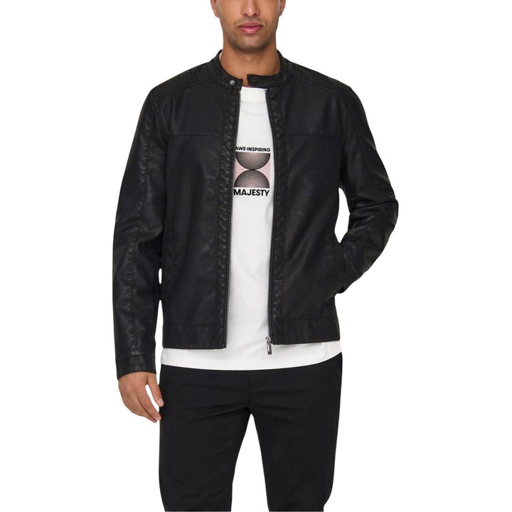 Only &amp; Sons Black Polyester Biker Jacket