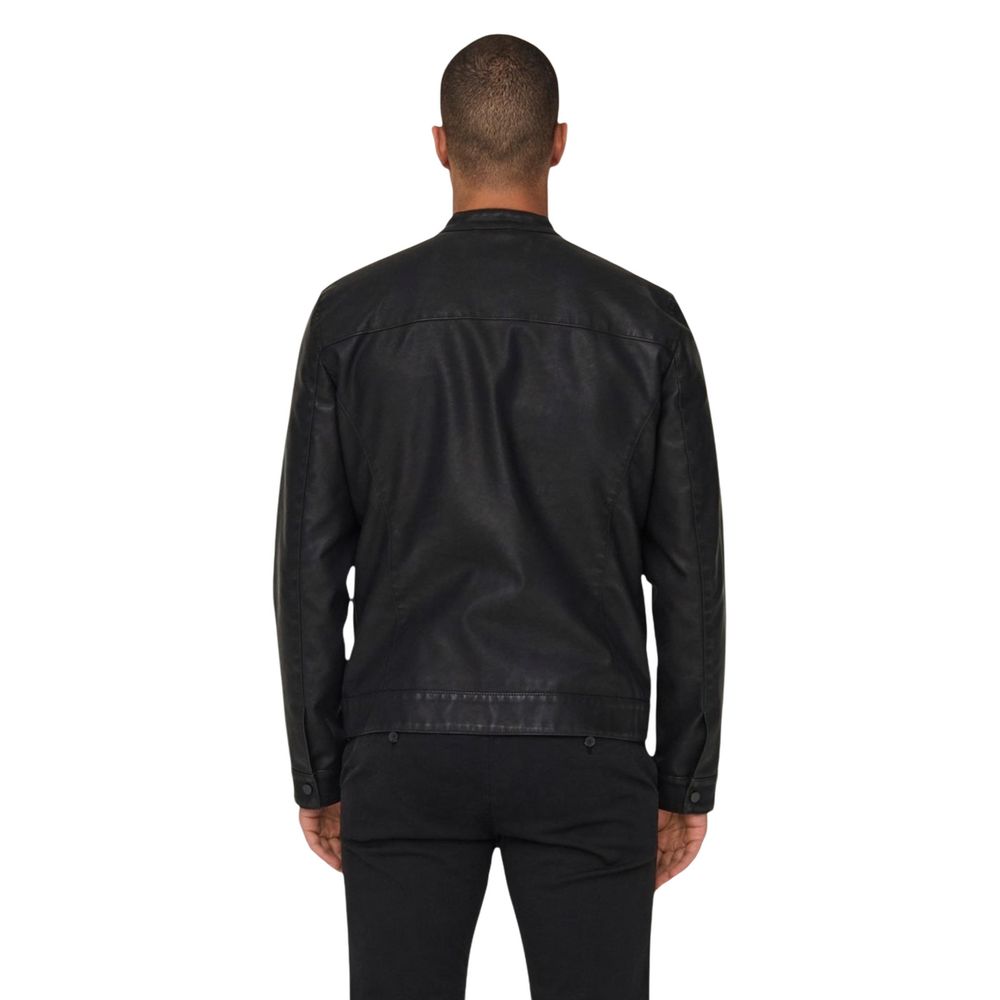 Only &amp; Sons Black Polyester Biker Jacket