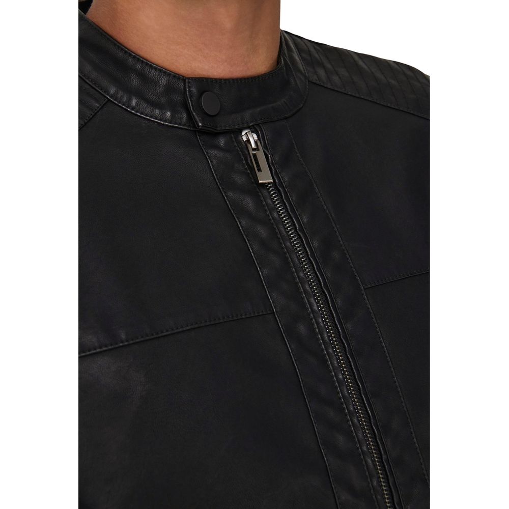 Only &amp; Sons Black Polyester Biker Jacket