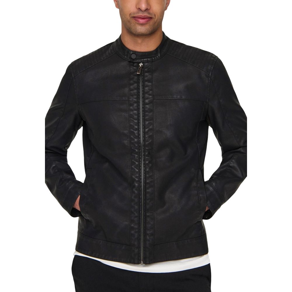 Only &amp; Sons Black Polyester Biker Jacket