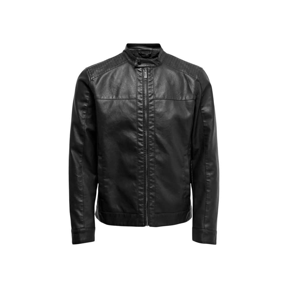 Only &amp; Sons Black Polyester Biker Jacket