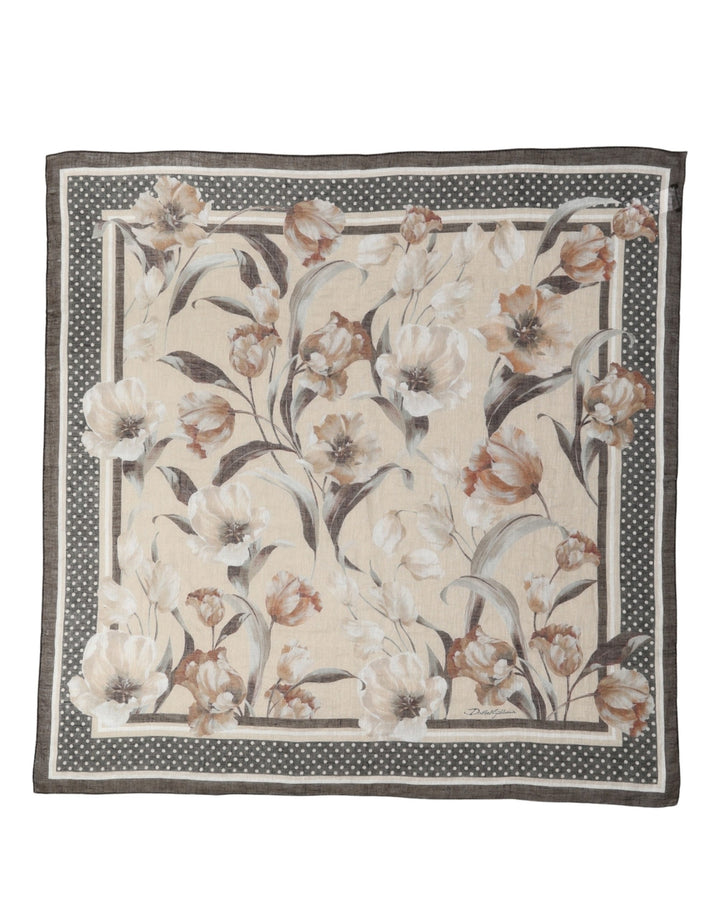 Dolce &amp; Gabbana Men Beige Floral Linen Square Foulard Scarf