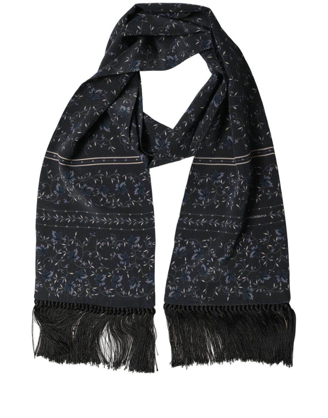 Dolce &amp; Gabbana Blue Floral Silk Fringed Neck Shaw Scarf
