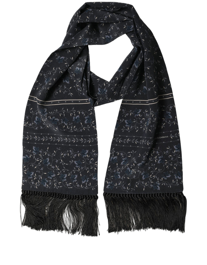 Dolce &amp; Gabbana Blue Floral Silk Fringed Neck Shaw Scarf