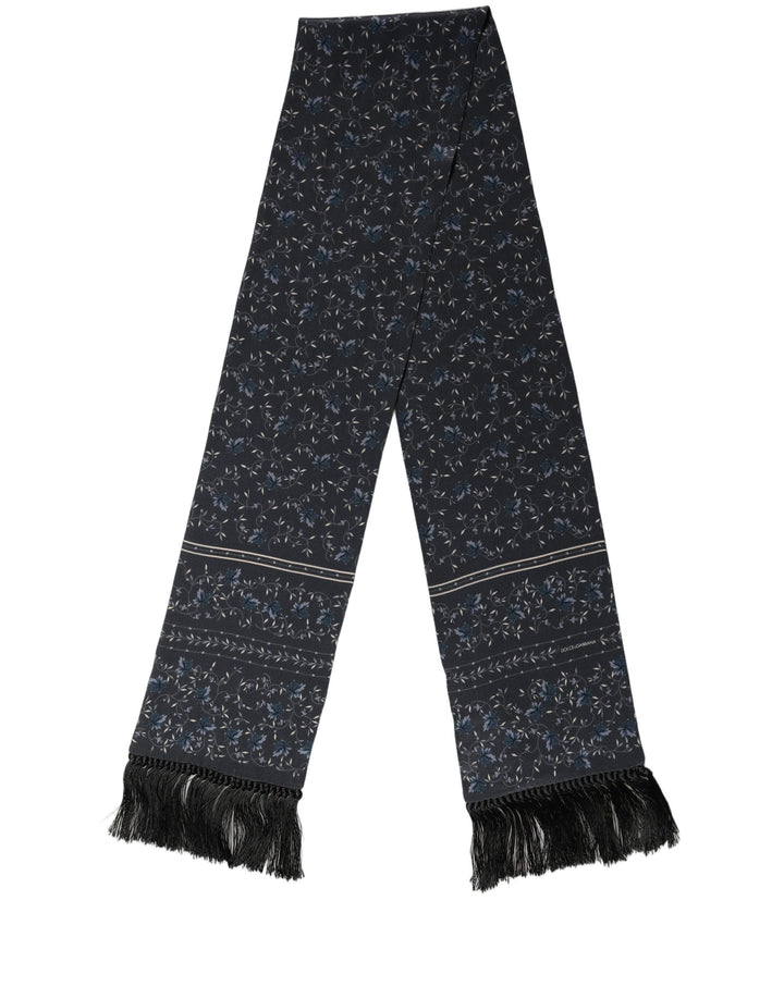 Dolce &amp; Gabbana Blue Floral Silk Fringed Neck Shaw Scarf