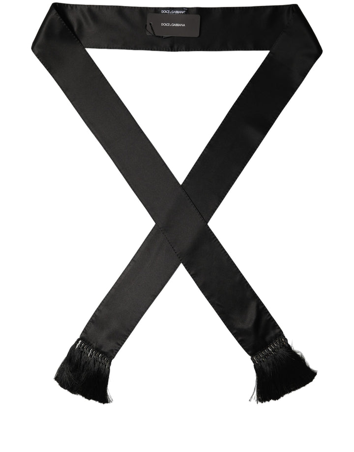 Dolce &amp; Gabbana Black Satin Silk Skinny Fringed Shawl Scarf