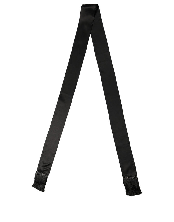 Dolce &amp; Gabbana Black Satin Silk Skinny Fringed Shawl Scarf