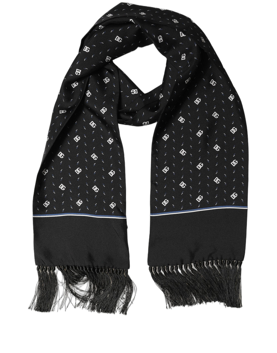 Dolce &amp; Gabbana Black Silk DG Logo Men Fringed Shawl Scarf