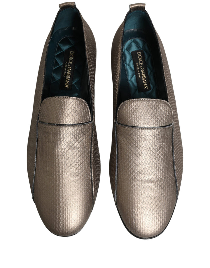Dolce &amp; Gabbana Silver Leather Logo Slip On Loafers Shoes