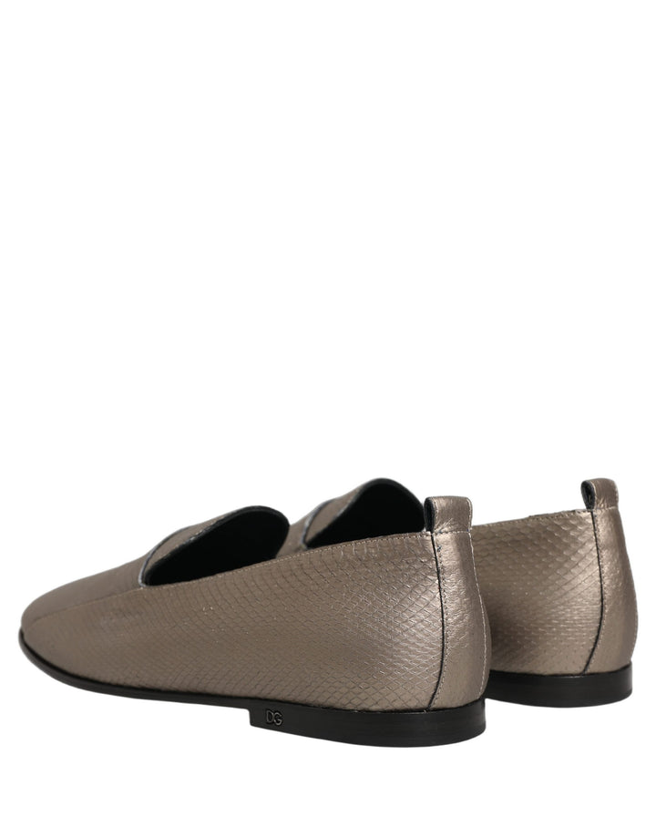 Dolce &amp; Gabbana Silver Leather Logo Slip On Loafers Shoes