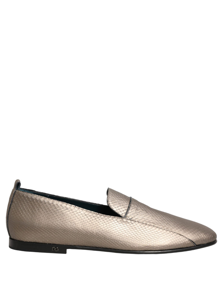 Dolce &amp; Gabbana Silver Leather Logo Slip On Loafers Shoes