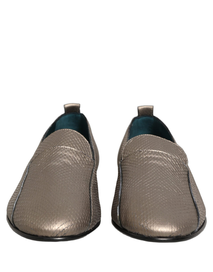 Dolce &amp; Gabbana Silver Leather Logo Slip On Loafers Shoes
