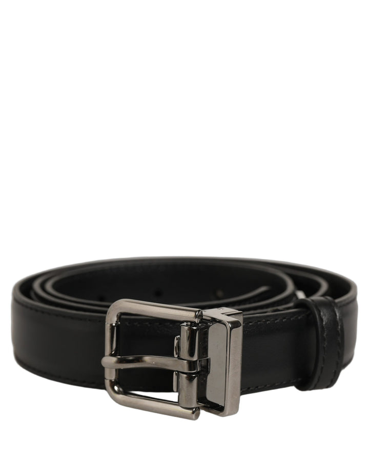 Dolce &amp; Gabbana Black Leather Silver Tone Metal Buckle Belt