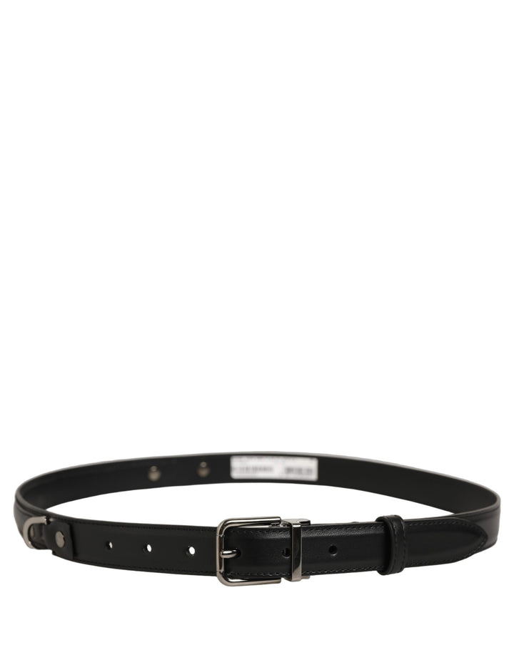 Dolce &amp; Gabbana Black Leather Silver Tone Metal Buckle Belt