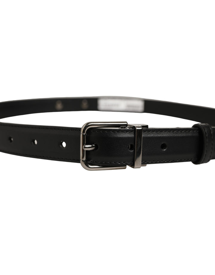Dolce &amp; Gabbana Black Leather Silver Tone Metal Buckle Belt