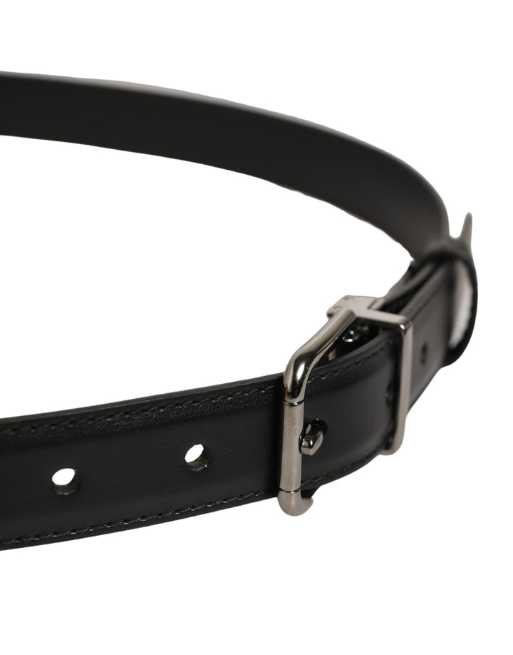Dolce &amp; Gabbana Black Leather Silver Tone Metal Buckle Belt