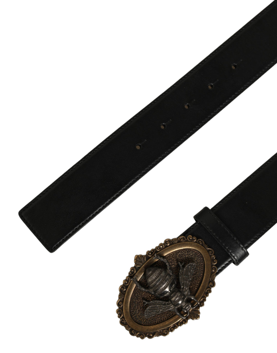 Dolce &amp; Gabbana Black Leather Bee Accent Metal Buckle Belt