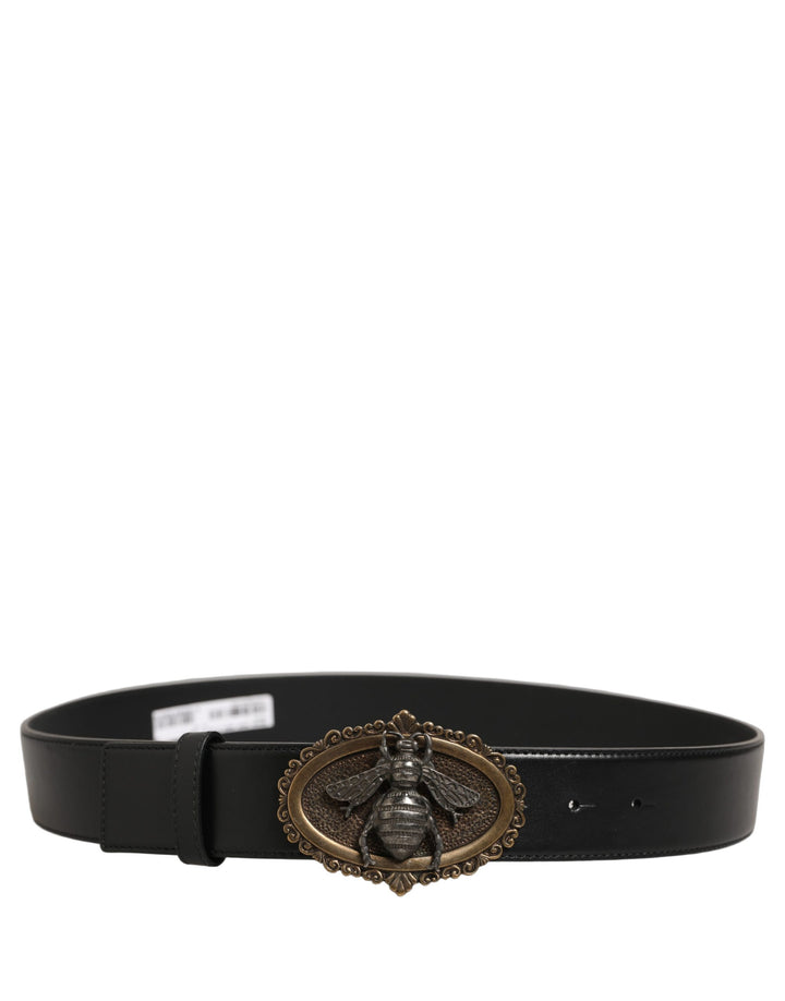 Dolce &amp; Gabbana Black Leather Bee Accent Metal Buckle Belt