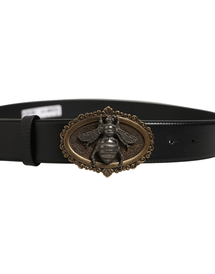 Dolce &amp; Gabbana Black Leather Bee Accent Metal Buckle Belt
