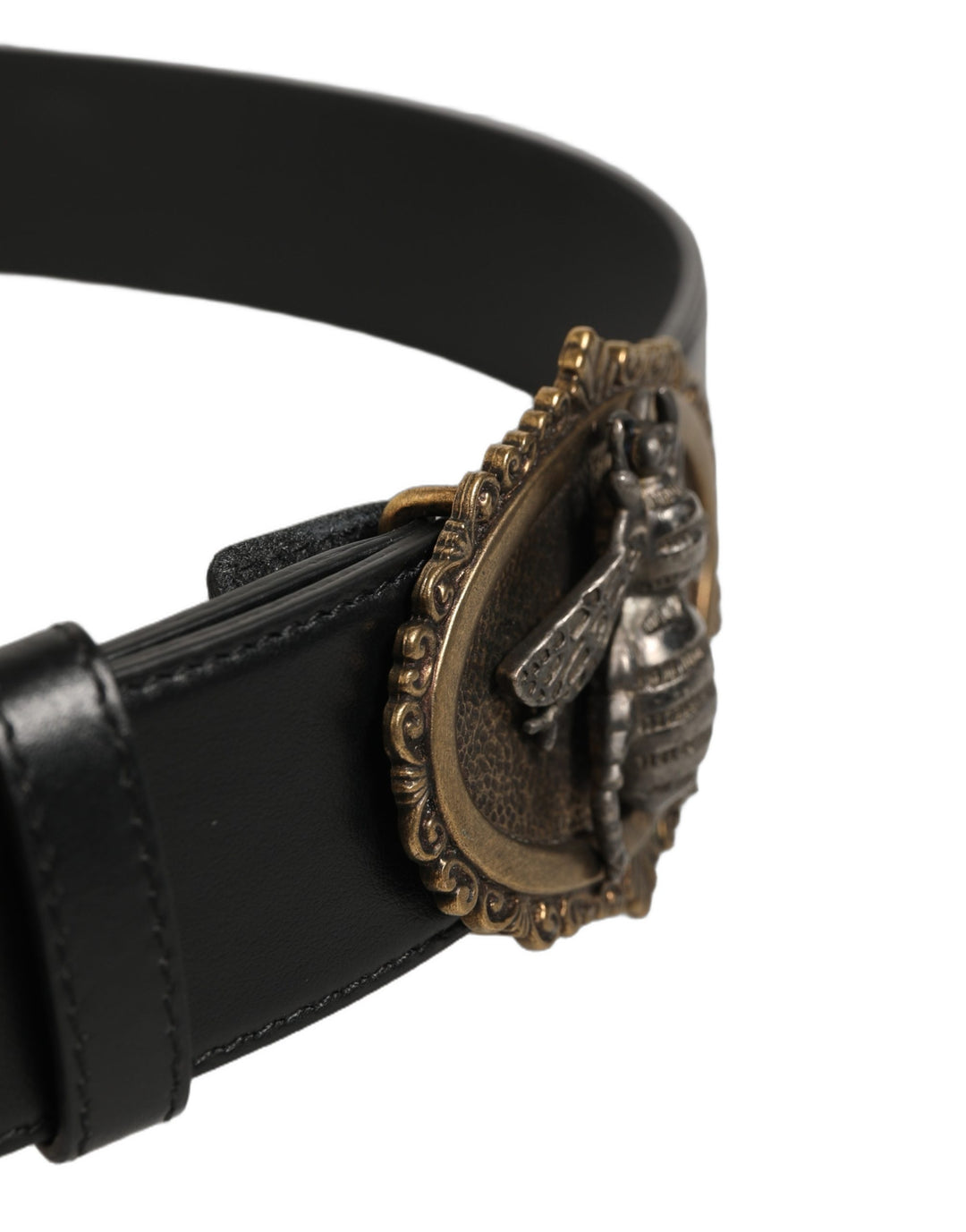 Dolce &amp; Gabbana Black Leather Bee Accent Metal Buckle Belt
