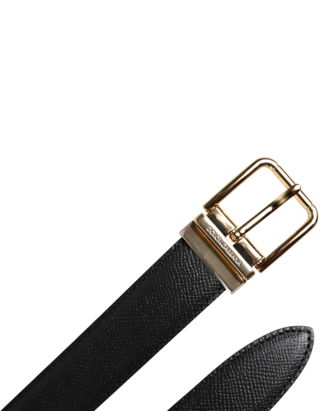Dolce &amp; Gabbana Black Grained Leather Gold Metal Buckle Belt