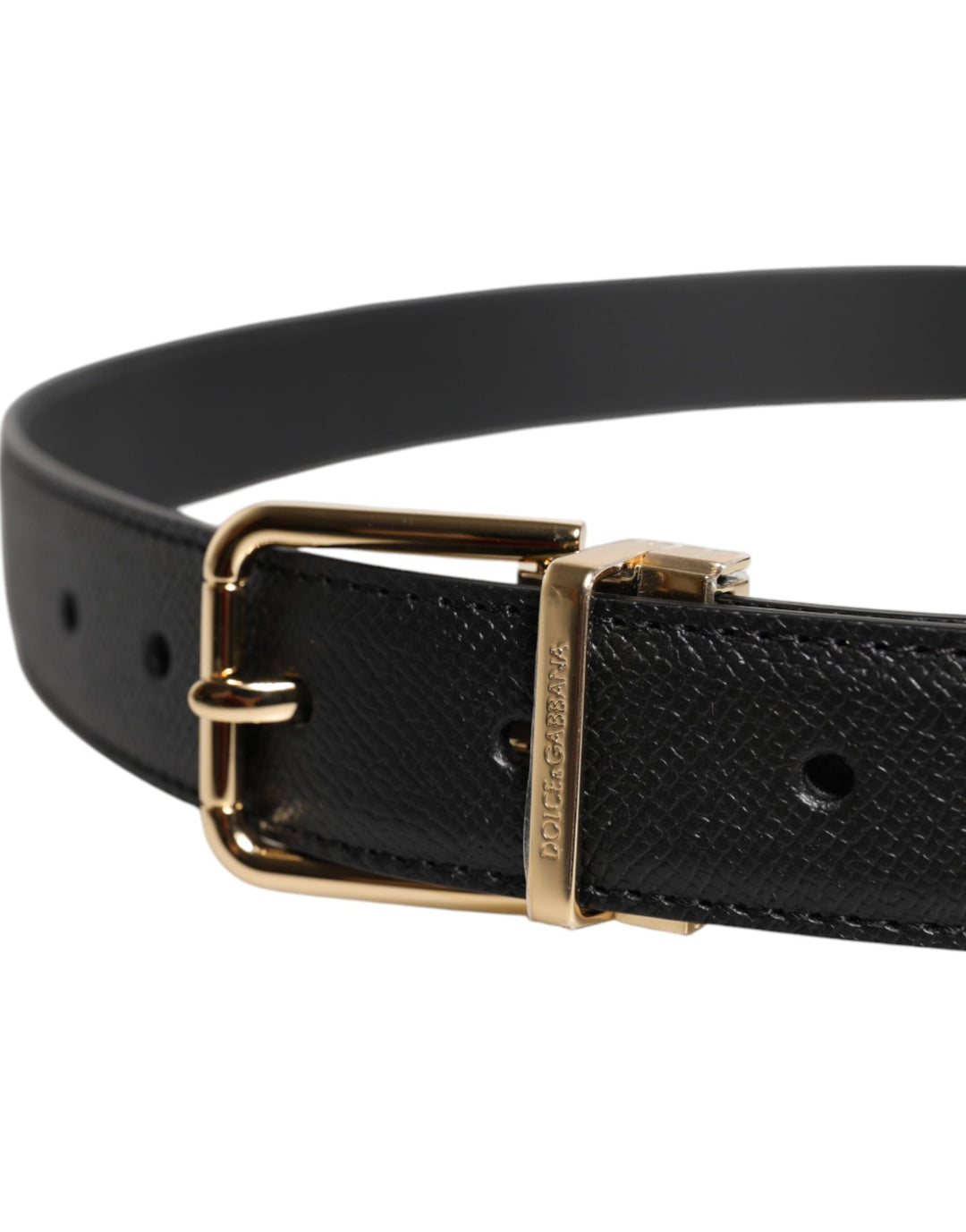 Dolce &amp; Gabbana Black Grained Leather Gold Metal Buckle Belt