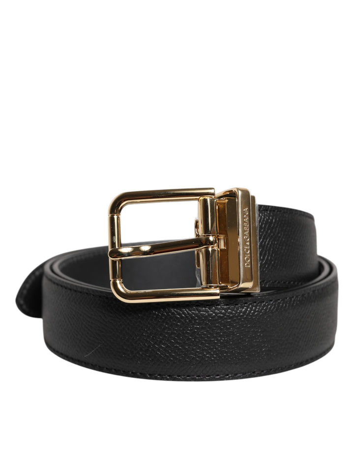 Dolce &amp; Gabbana Black Grained Leather Gold Metal Buckle Belt
