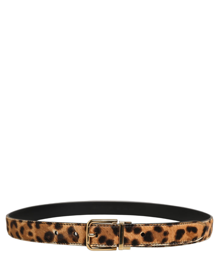 Dolce &amp; Gabbana Brown Leopard Calf Hair Gold Tone Buckle Belt