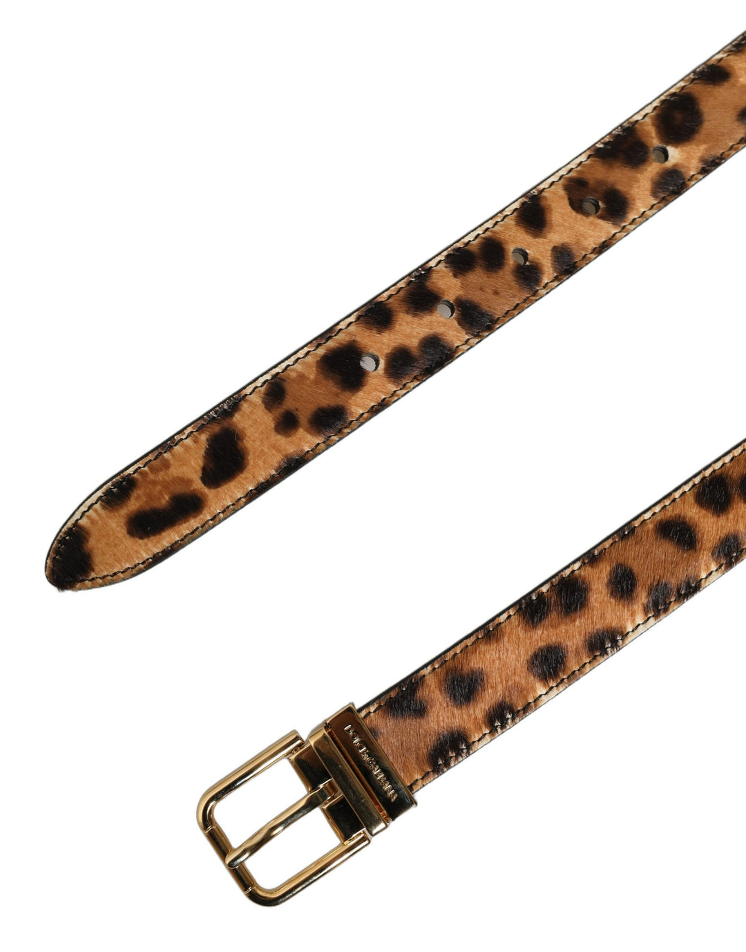 Dolce &amp; Gabbana Brown Leopard Calf Hair Gold Tone Buckle Belt