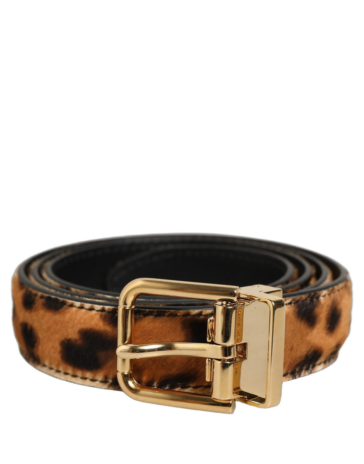 Dolce &amp; Gabbana Brown Leopard Calf Hair Gold Tone Buckle Belt