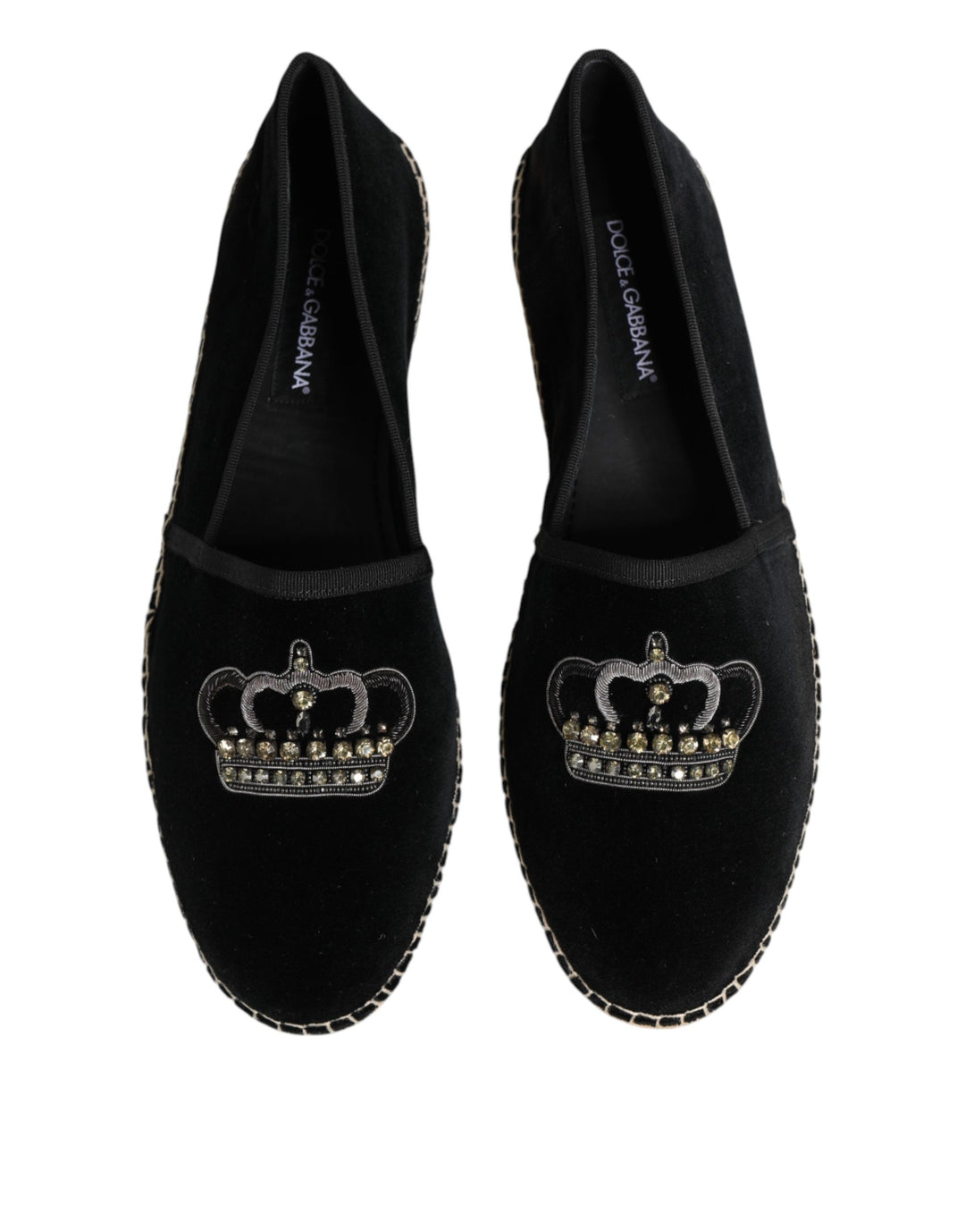 Dolce &amp; Gabbana Black Embellished Crown Flat Espadrilles Shoes