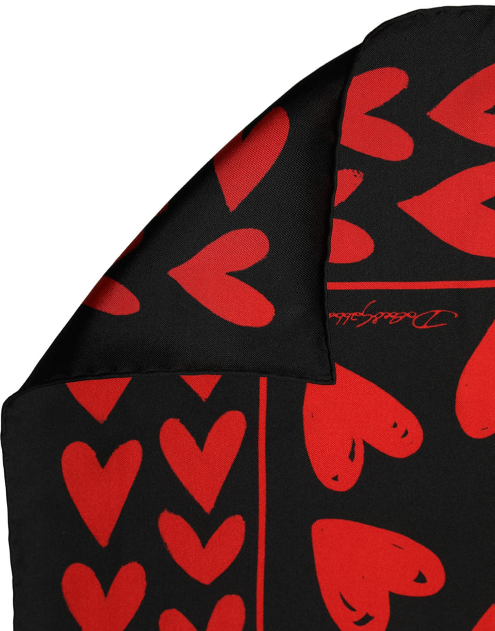 Dolce &amp; Gabbana Black Red Silk Hearts Square Foulard Scarf