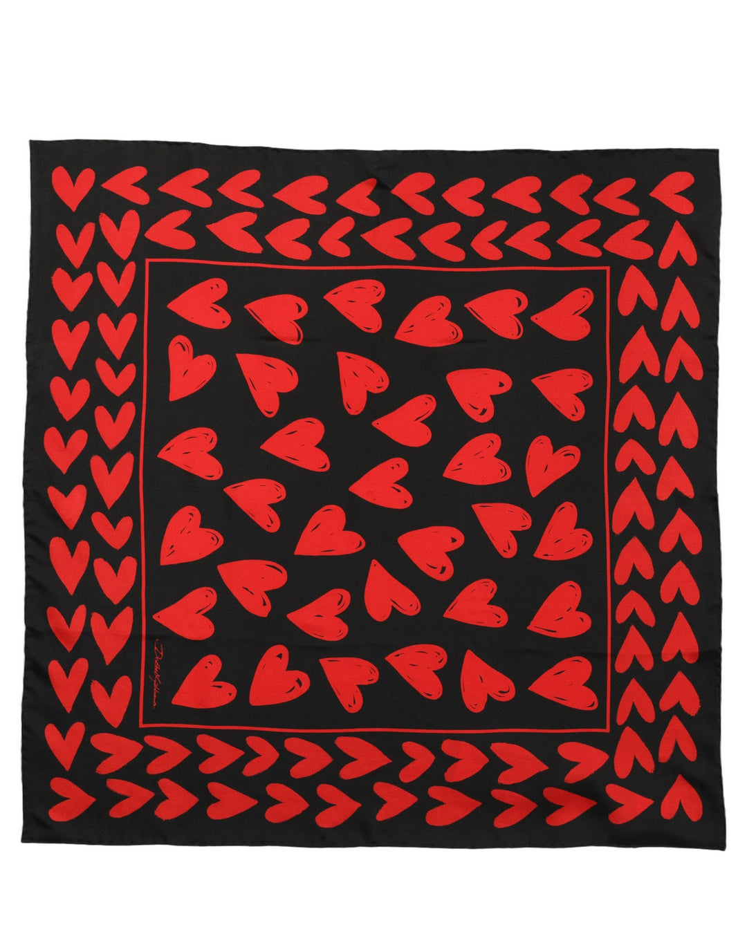 Dolce &amp; Gabbana Black Red Silk Hearts Square Foulard Scarf