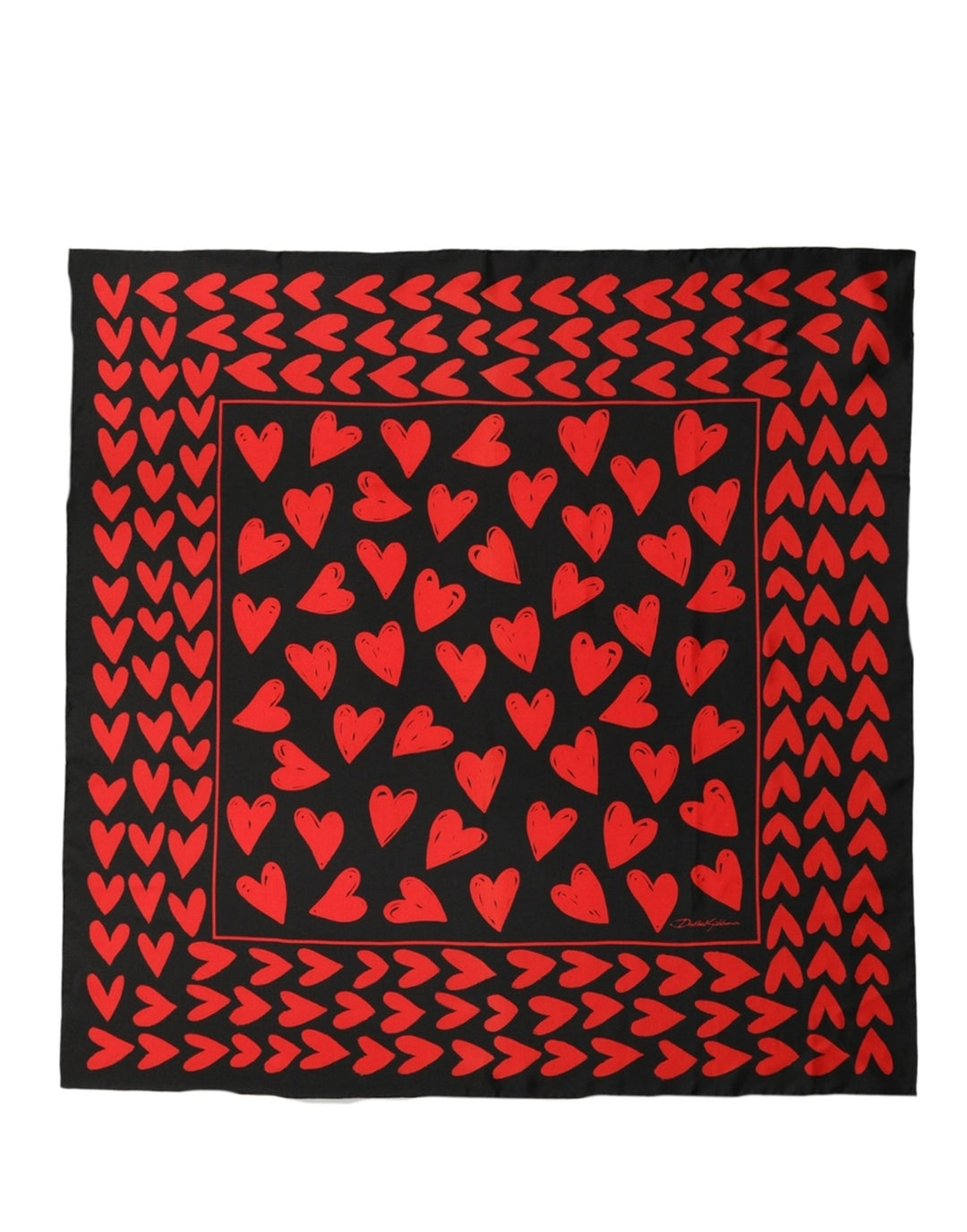 Dolce &amp; Gabbana Black Red Silk Hearts Square Foulard Scarf
