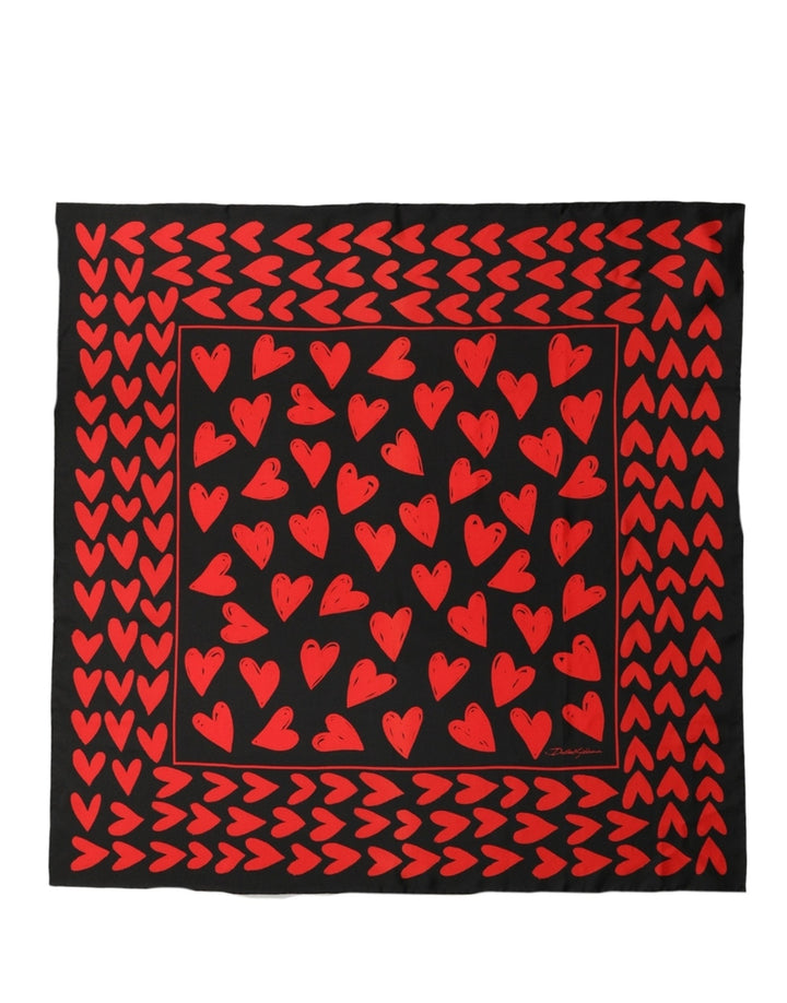 Dolce &amp; Gabbana Black Red Silk Hearts Square Foulard Scarf