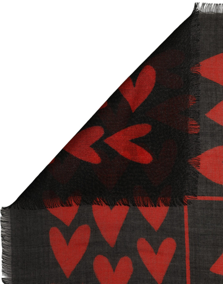 Dolce &amp; Gabbana Black Red Cashmere Hearts Print Stole Scarf