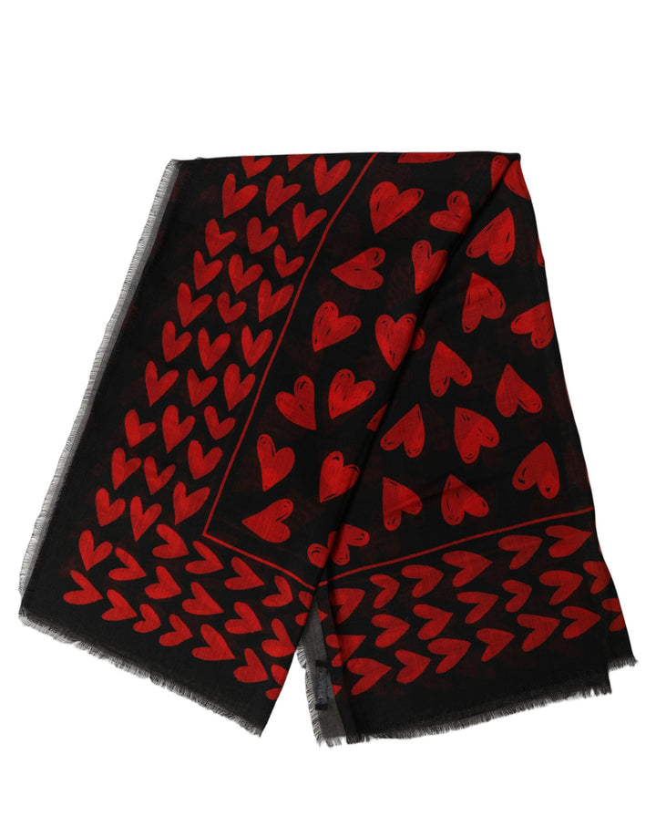 Dolce &amp; Gabbana Black Red Cashmere Hearts Print Stole Scarf