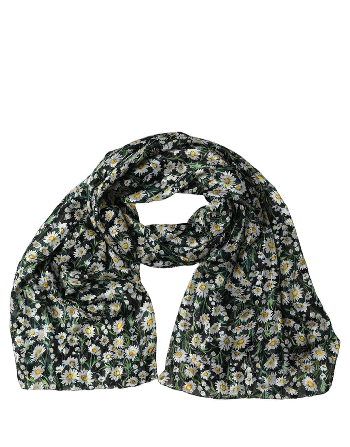 Dolce &amp; Gabbana Black Silk Daisy Chiffon Long Stole Scarf
