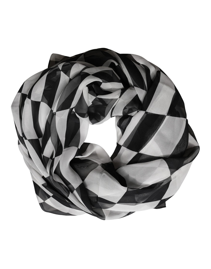 Dolce &amp; Gabbana White Black Checkered Silk Foulard Scarf