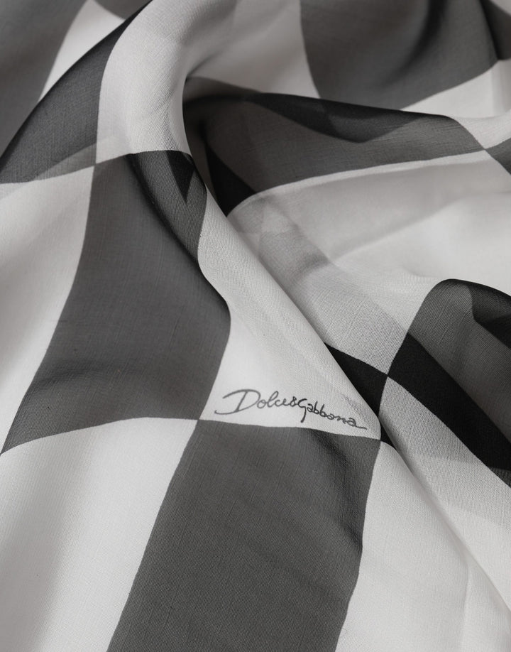 Dolce &amp; Gabbana White Black Checkered Silk Foulard Scarf