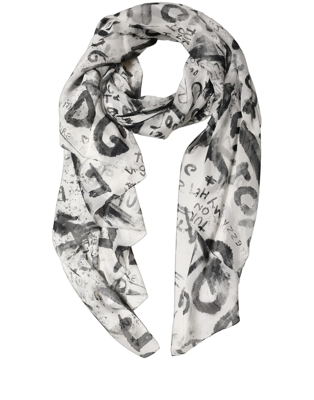 Dolce &amp; Gabbana White Graffiti Logo Silk Shawl Stole Scarf